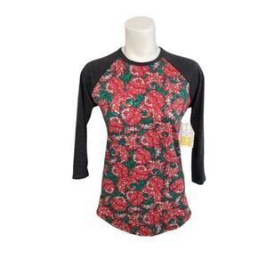 LuLaRoe Randy Gray Red Green Floral Raglan Sleeve‎ XXS NEW
